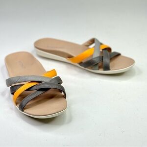 Vionic Dava leather orthotic comfort sandal slide grey orange/yellow 9.5
